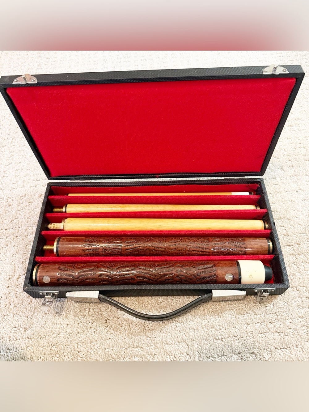 Champion 5 Piece Pool Stick Storage Case Brass Tiki Carved Wood Handle - READ
